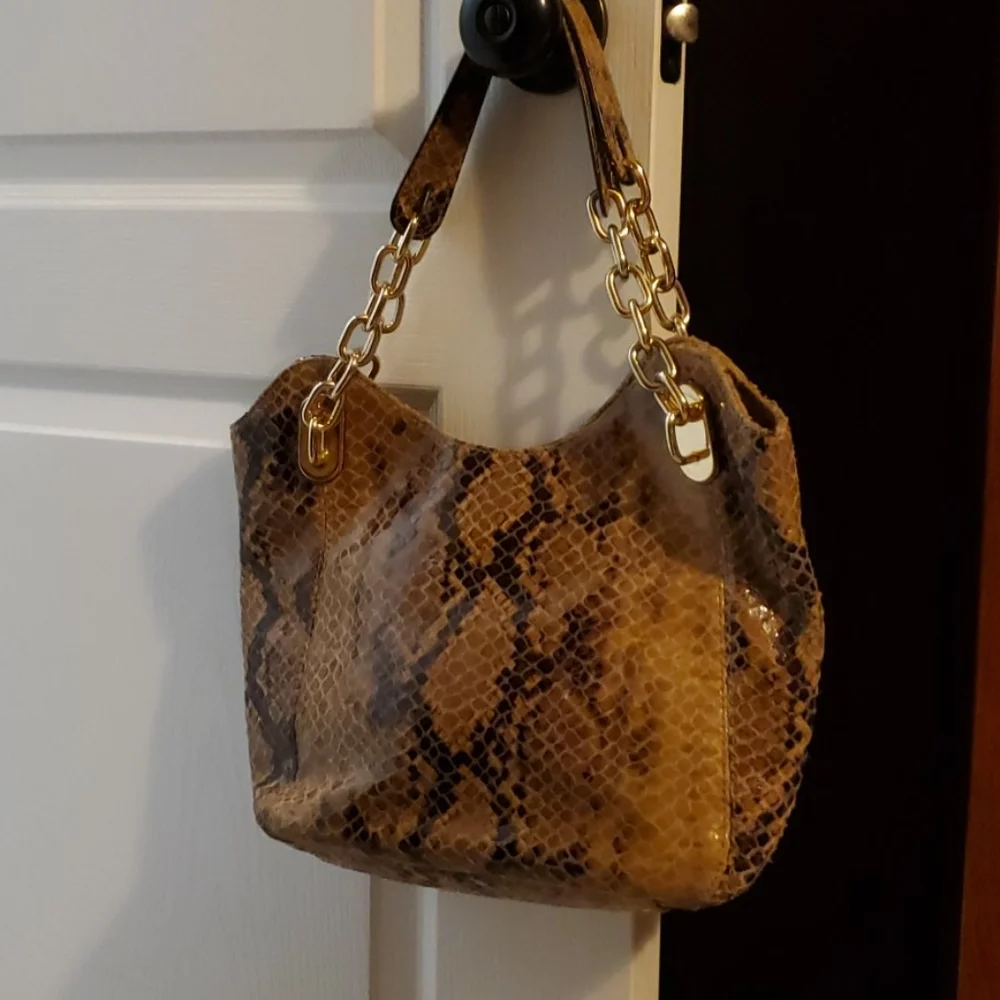 Michael Kors Brown Snake-Print Leather Shoulder Bag